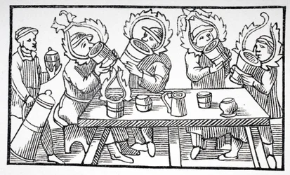 男性の飲酒、イラスト、「北部の説明」からOlaus Magnus（1490-1557）、ローマ、1555年、Moyen Age et la Renaissance、Paul Lacroix（1806-84）から出版